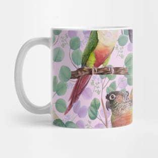 Conures in Eucalyptus Leaves in Pink Mug